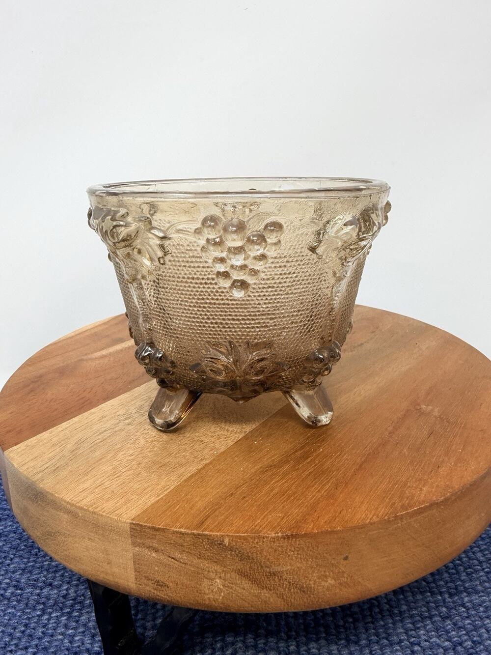 Vintage Brown Glass Footed Bowl, Round Grape & Vine Pattern Decorative